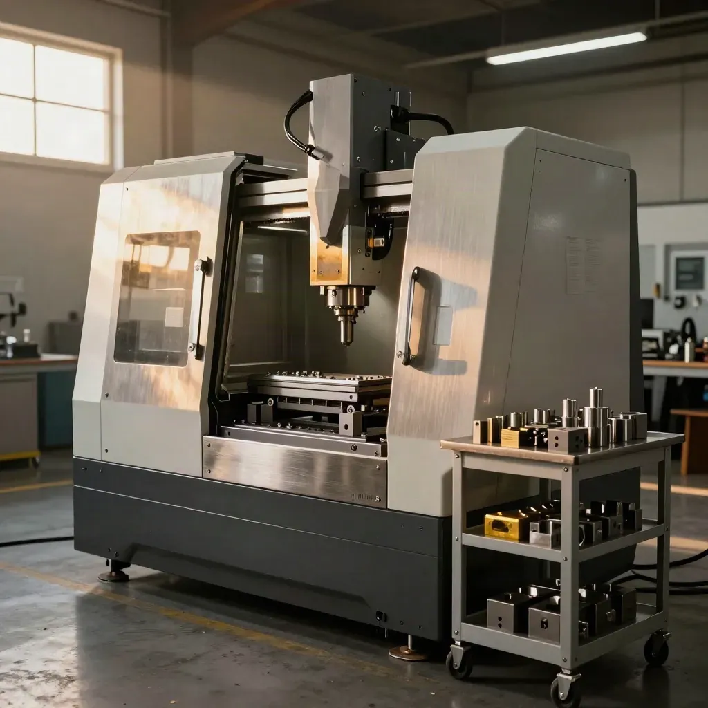 Low three-quarter view of a CNC cell with anodized parts on a spotless workshop floor at golden hour.