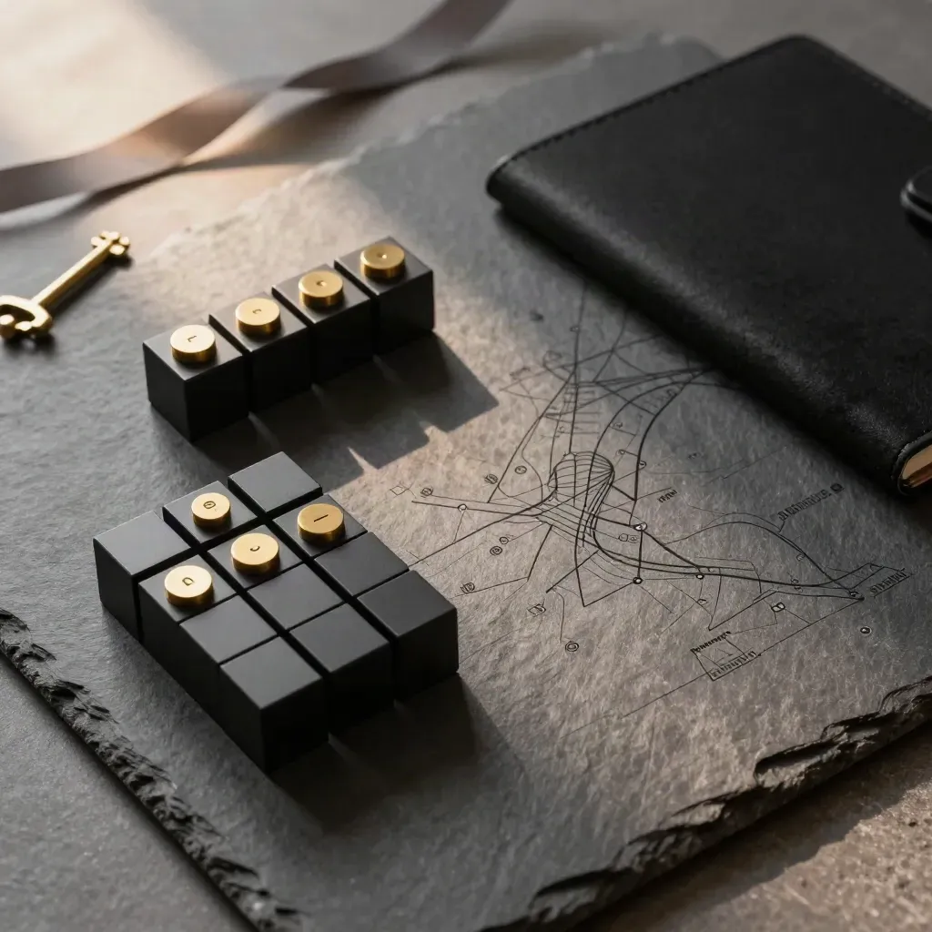Black portfolio blocks and brass markers on slate under dramatic raking light.