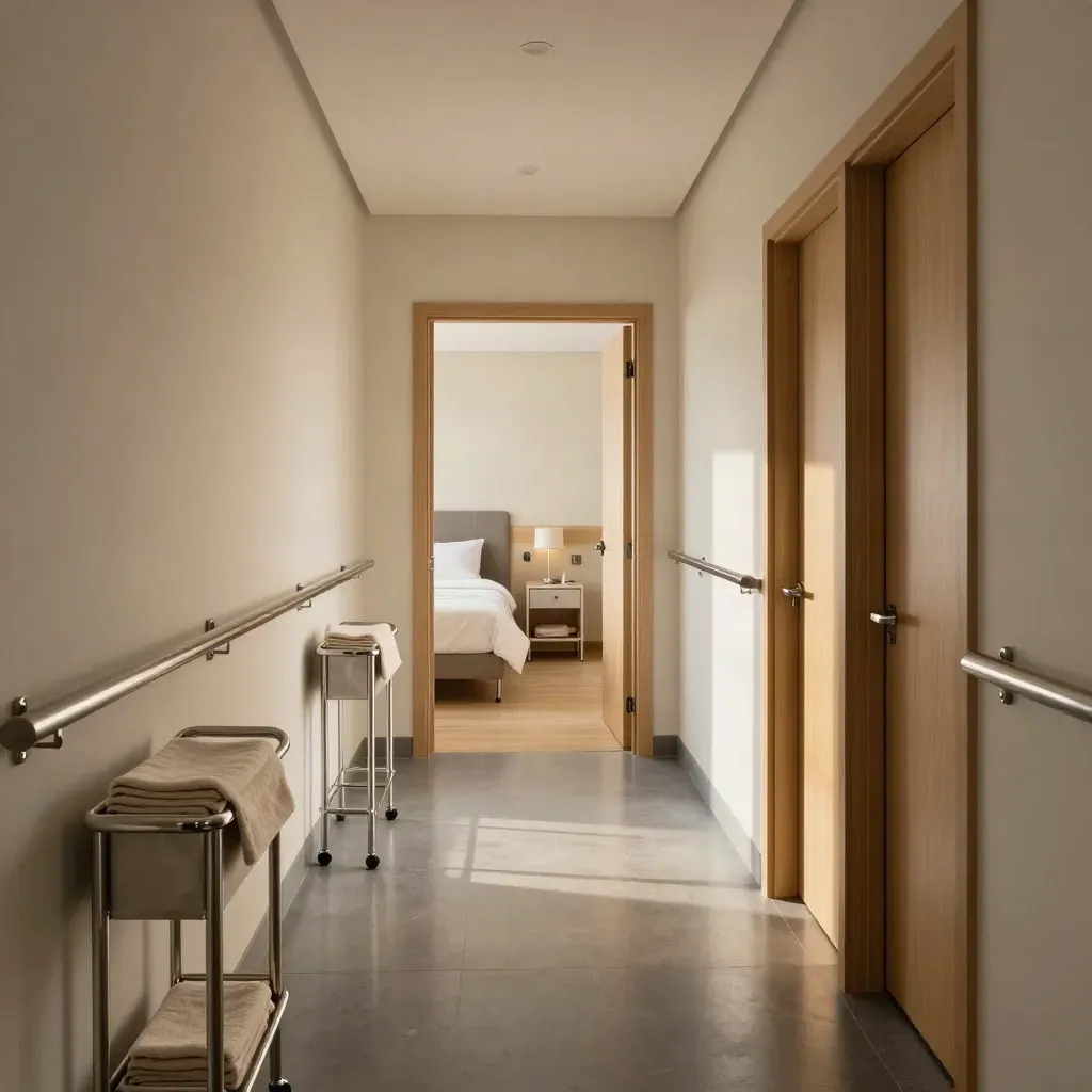 Spotless care corridor with handrails, linen carts and softly glowing room thresholds