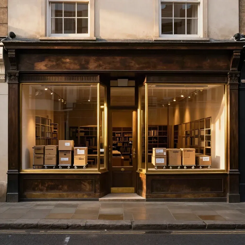 Twin retail storefronts with warm lights, empty displays and stock trolleys behind glass at dusk.