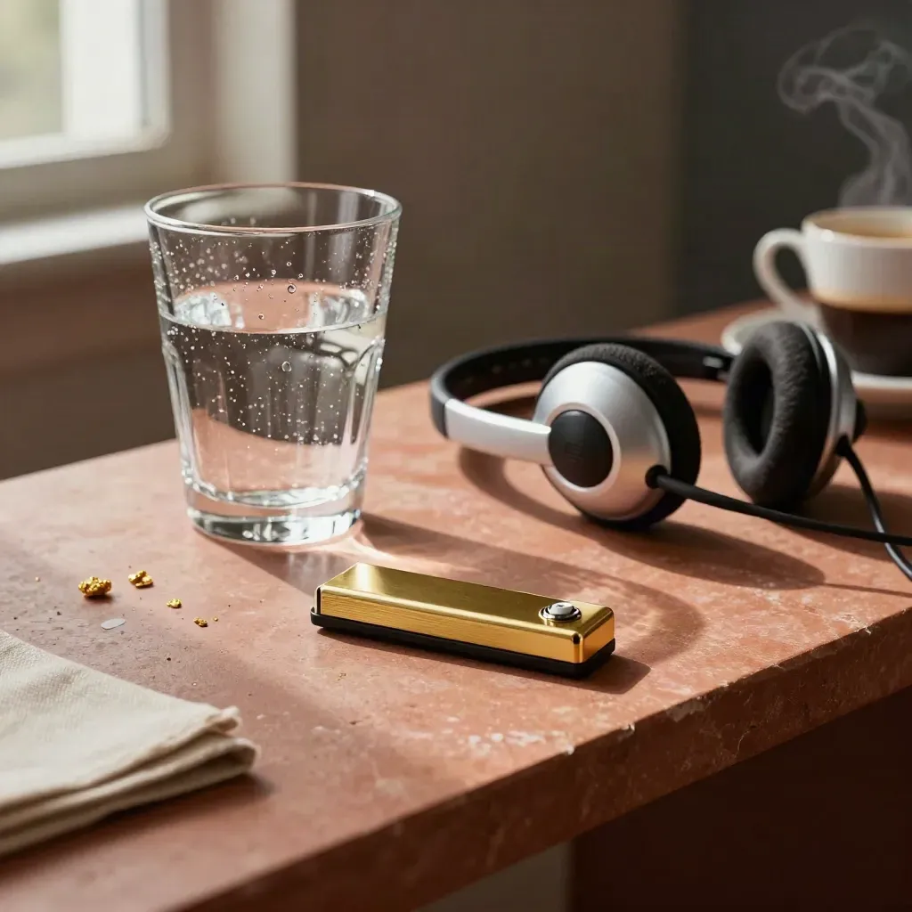 Presentation clicker, crystal water glass and silver headset on a warm stone credenza