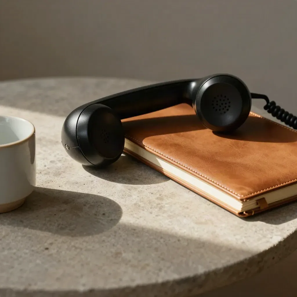 Retro handset, leather notebook and cup ring on a stone side table.