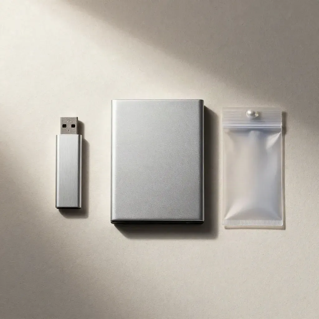 Hard drive, USB drive and evidence pouch on pale plaster flatlay, cool silver light.