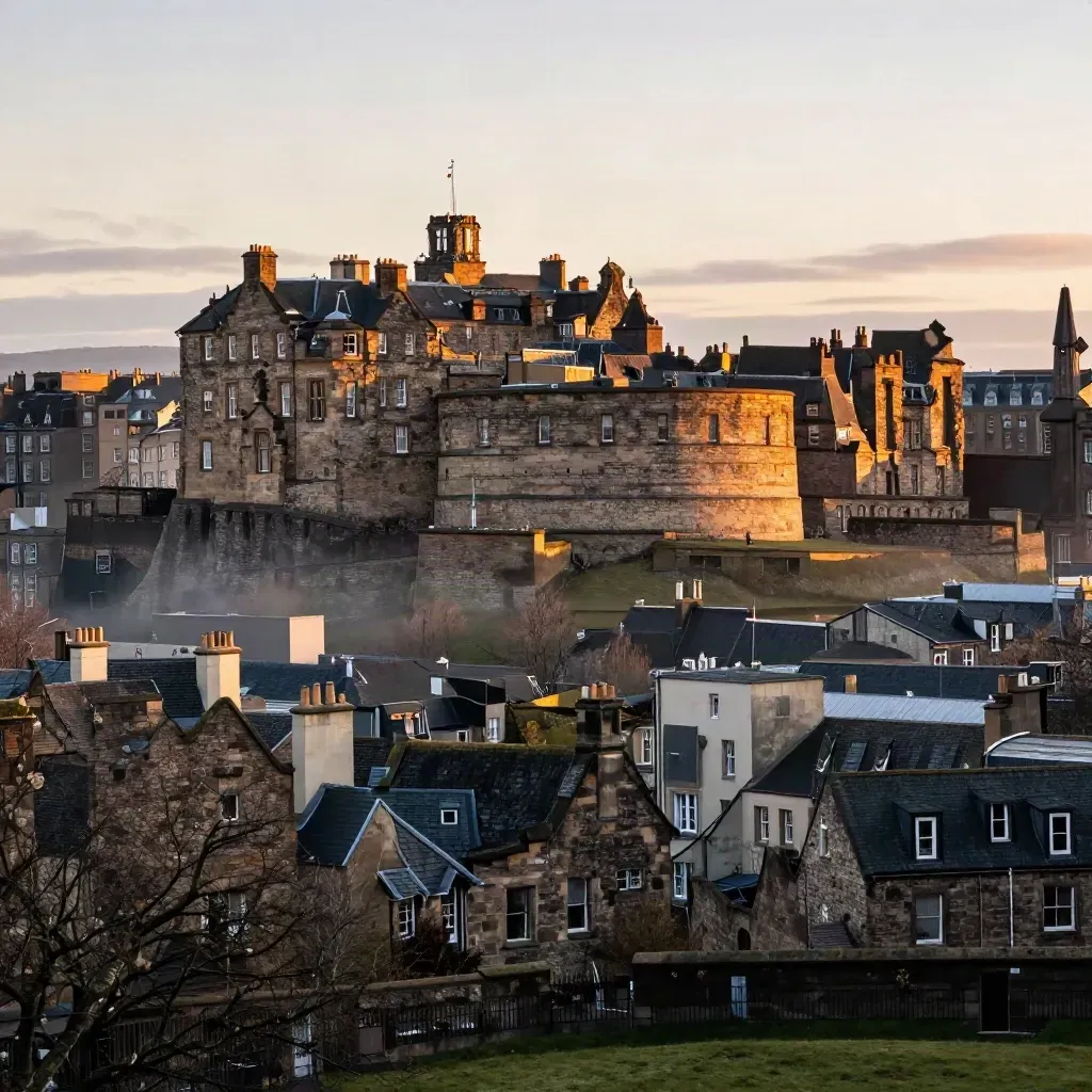 Edinburgh Castle above misty stone city at sunset with calm slope below.